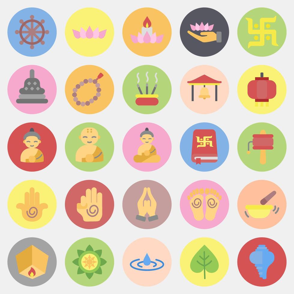 Icon set of buddhism. Buddhism and vesak elements. Icon in color mate style. vector