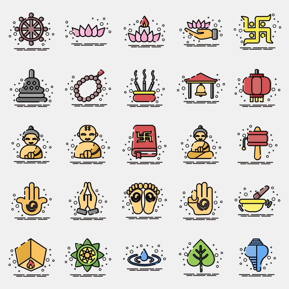 Icon set of buddhism. Buddhism and vesak elements. Icon in MBE style. vector