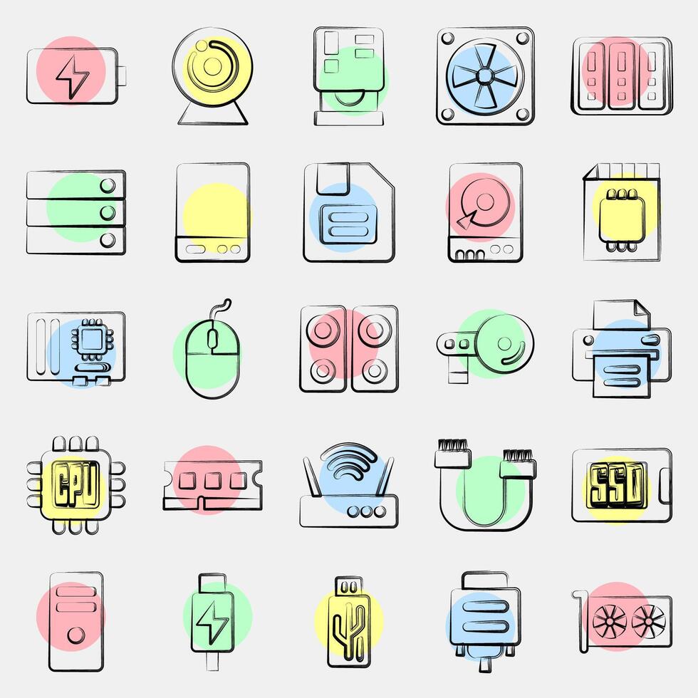 Icon set of computer components. Computer components elements. Icon in color spot style. vector