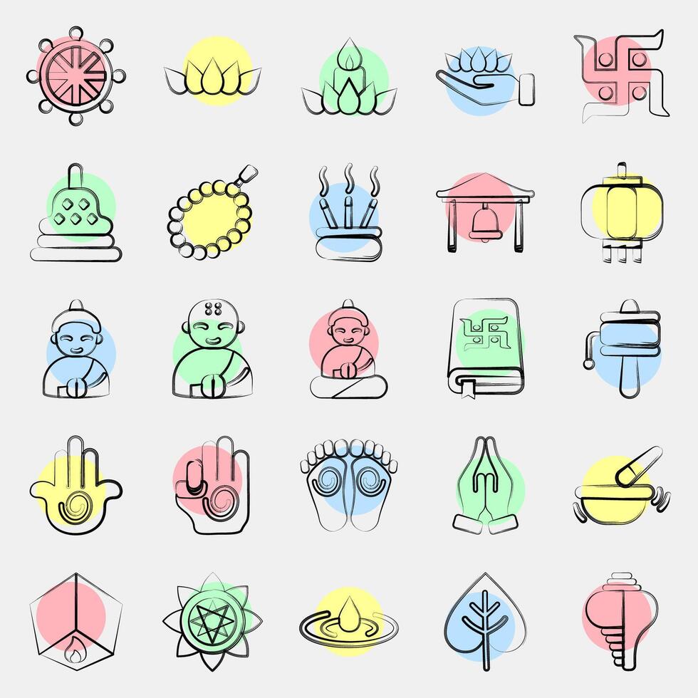 Icon set of buddhism. Buddhism and vesak elements. Icon in color spot style. vector