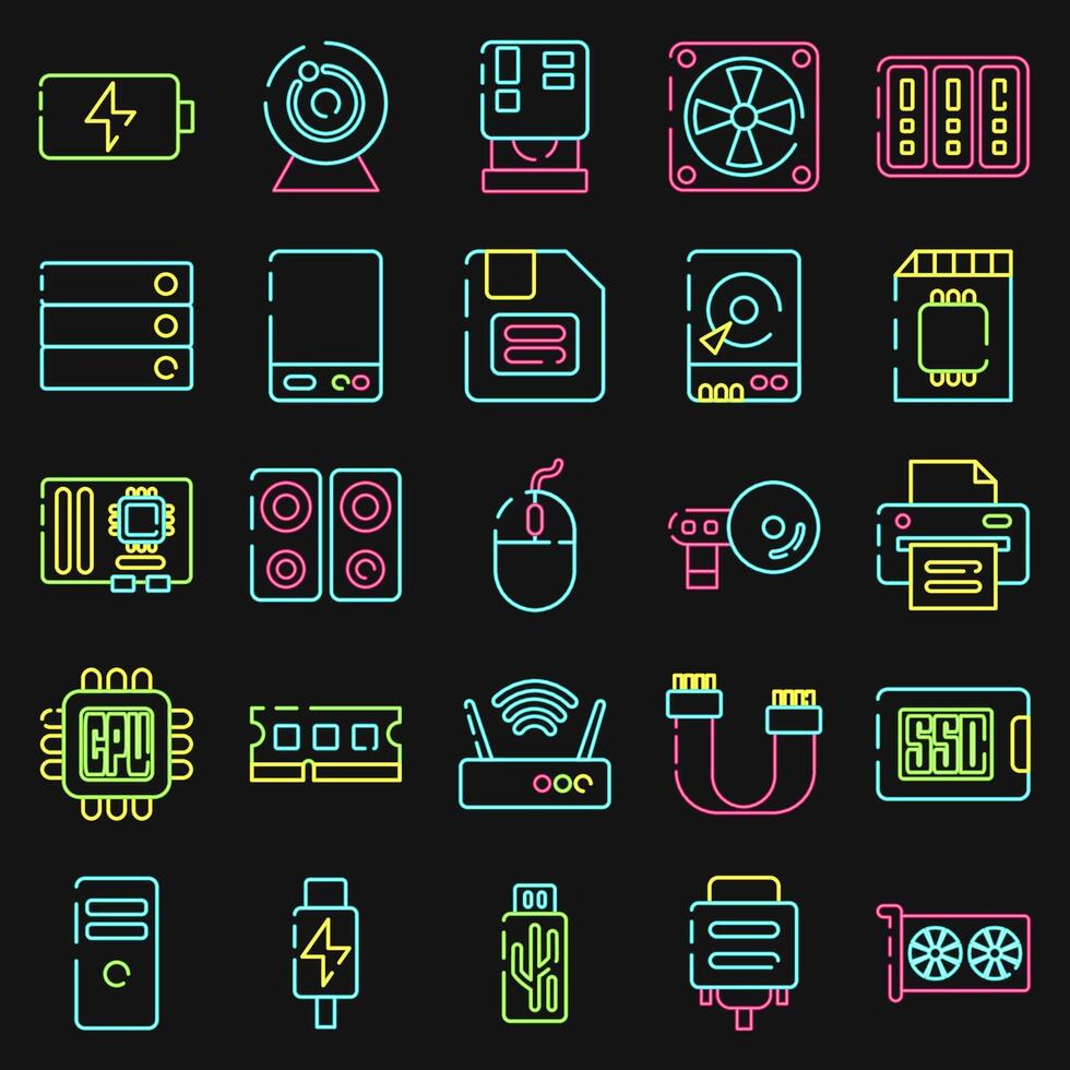 Icon set of computer components. Computer components elements. Icon in neon style. vector