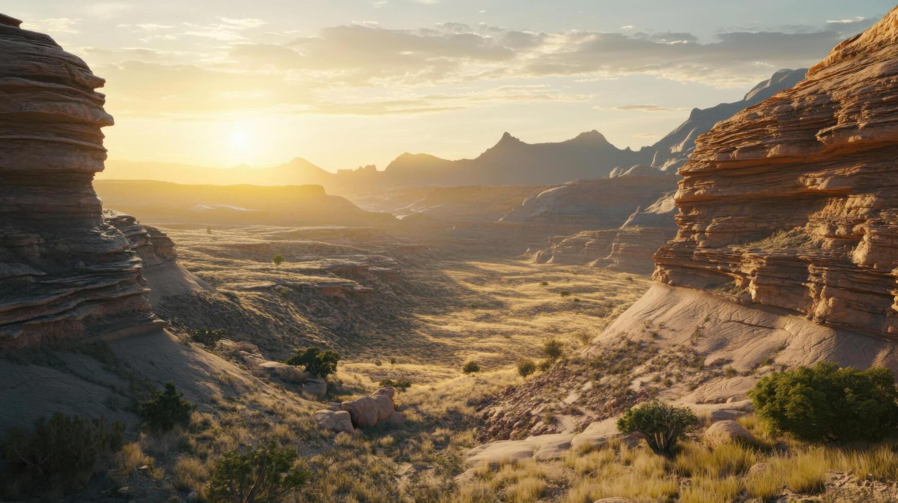 Radiant Dusk Colors Across Rocky Canyon Land photo