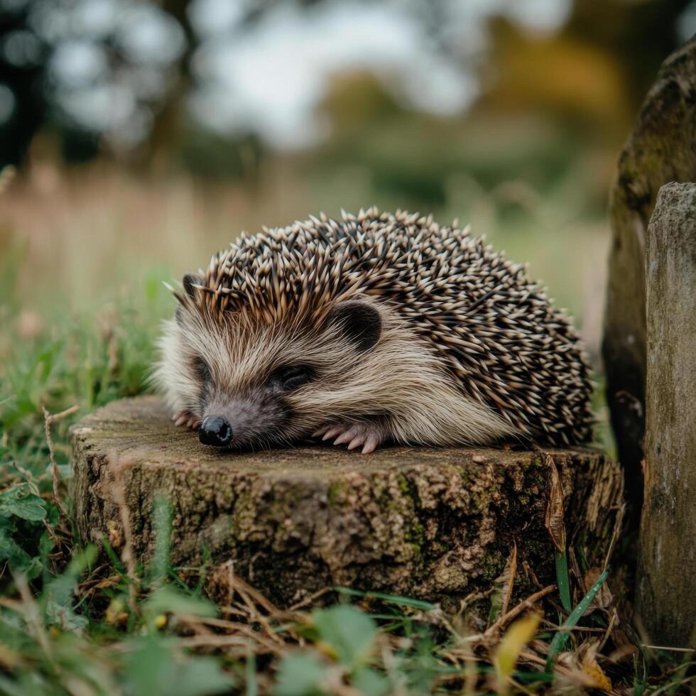 Tired Hedgehog Near a Countryside Hedge photo