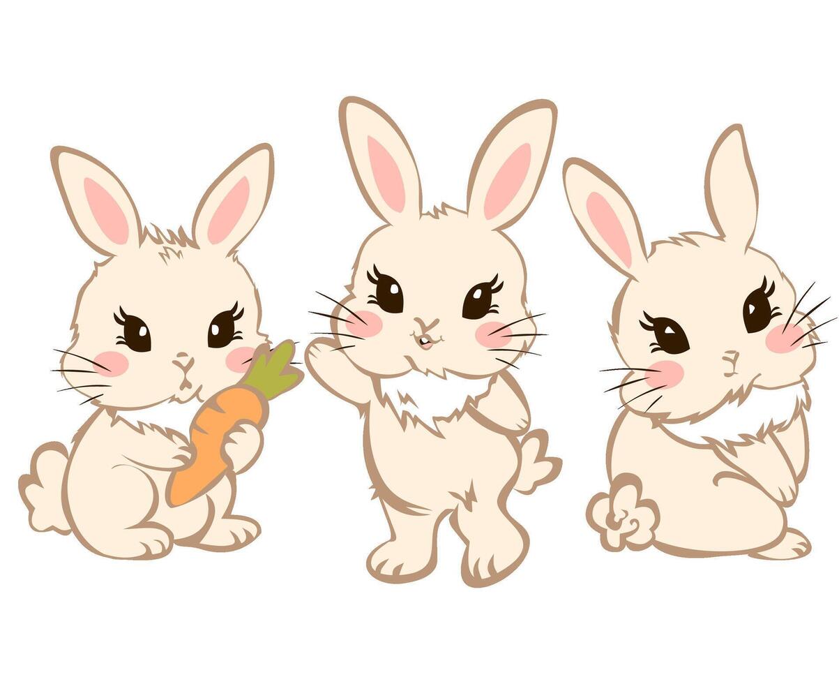Cute bunnies with pink bunny ears and blush, set of three cream rabbits in different poses vector