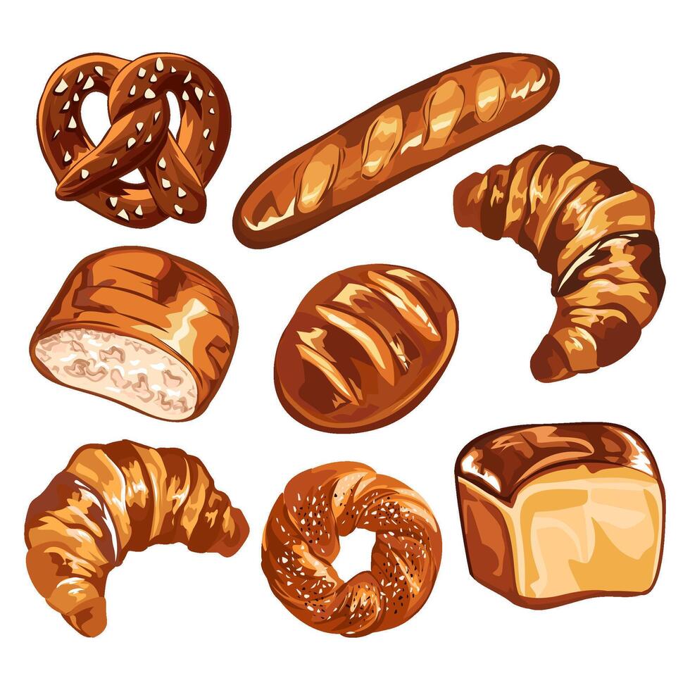 Various bakery and pastry set. Collections of bread, buns, croissant and other types of bakery products. illustration vector