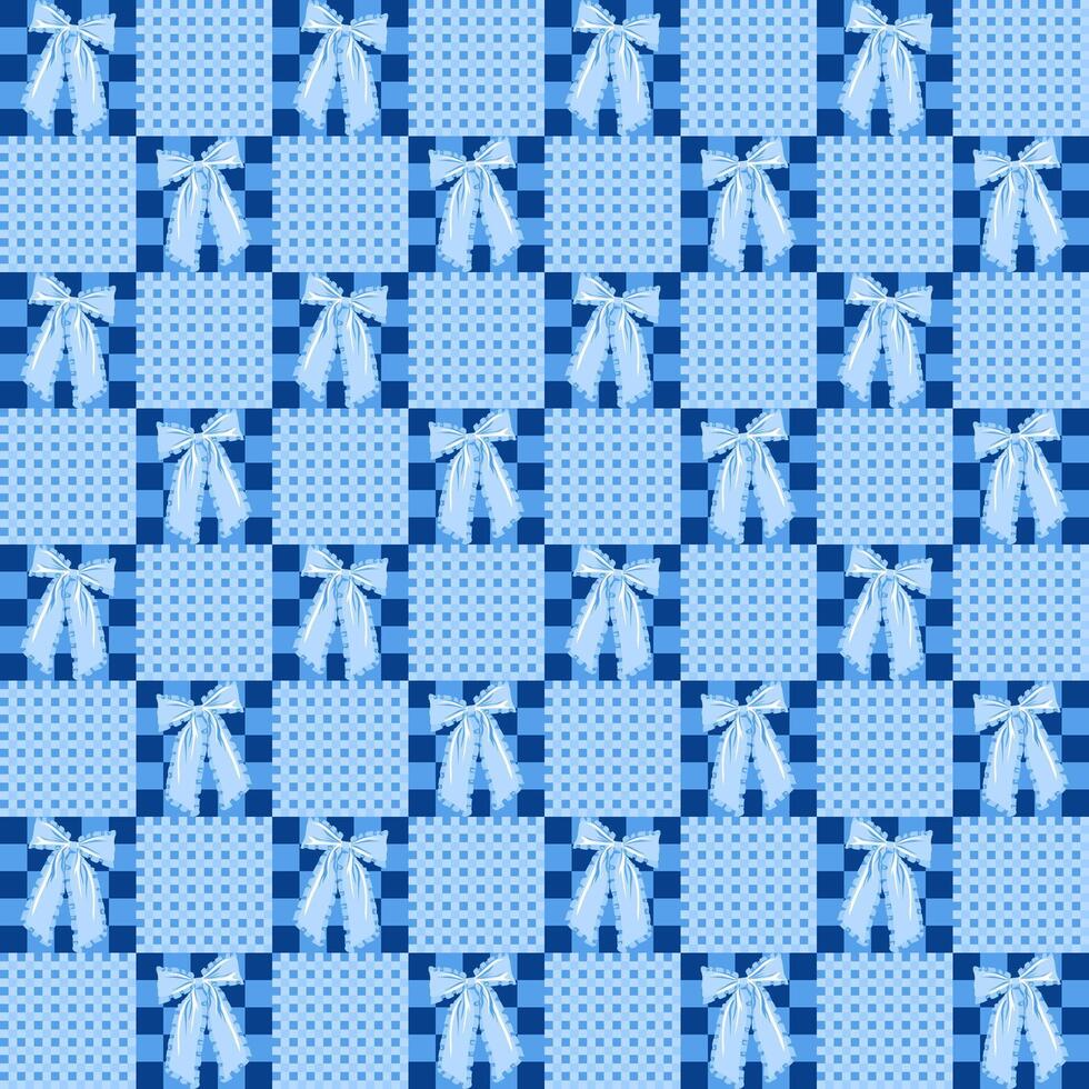 Seamless Blue Gingham Check Pattern with Bow Ribbon Cute Vintage Fabric Style vector