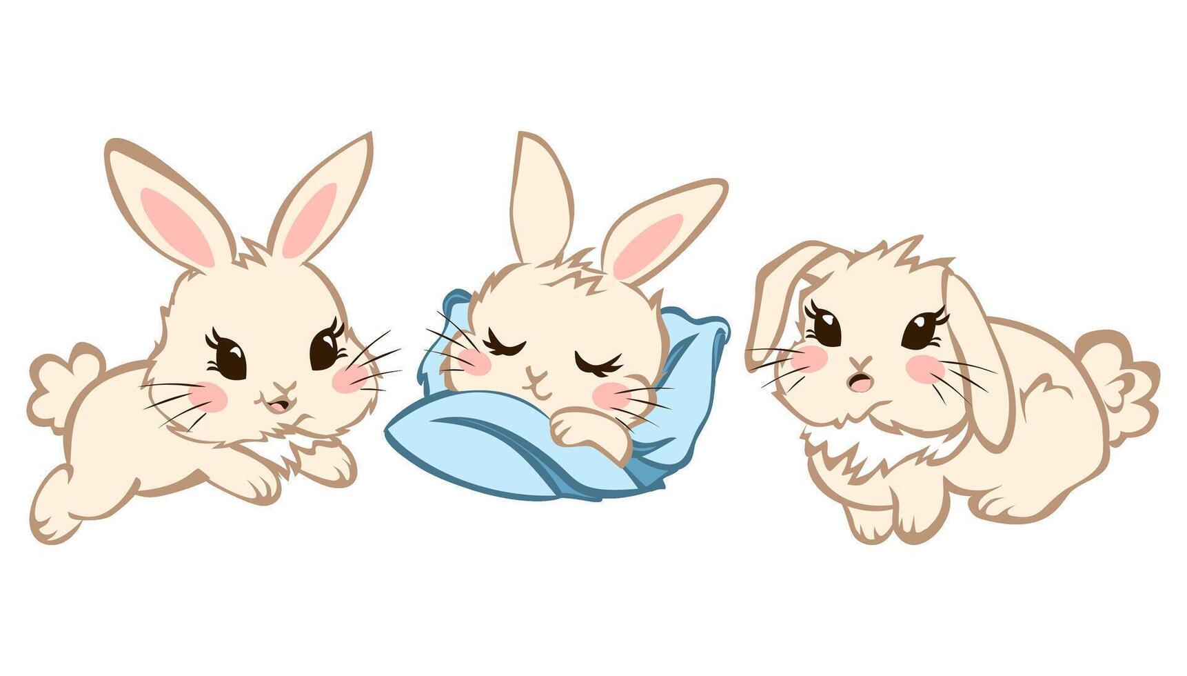 Cute Cartoon Bunnies with Bunny Ears, Set of Cream Rabbits Sleeping and Playing vector