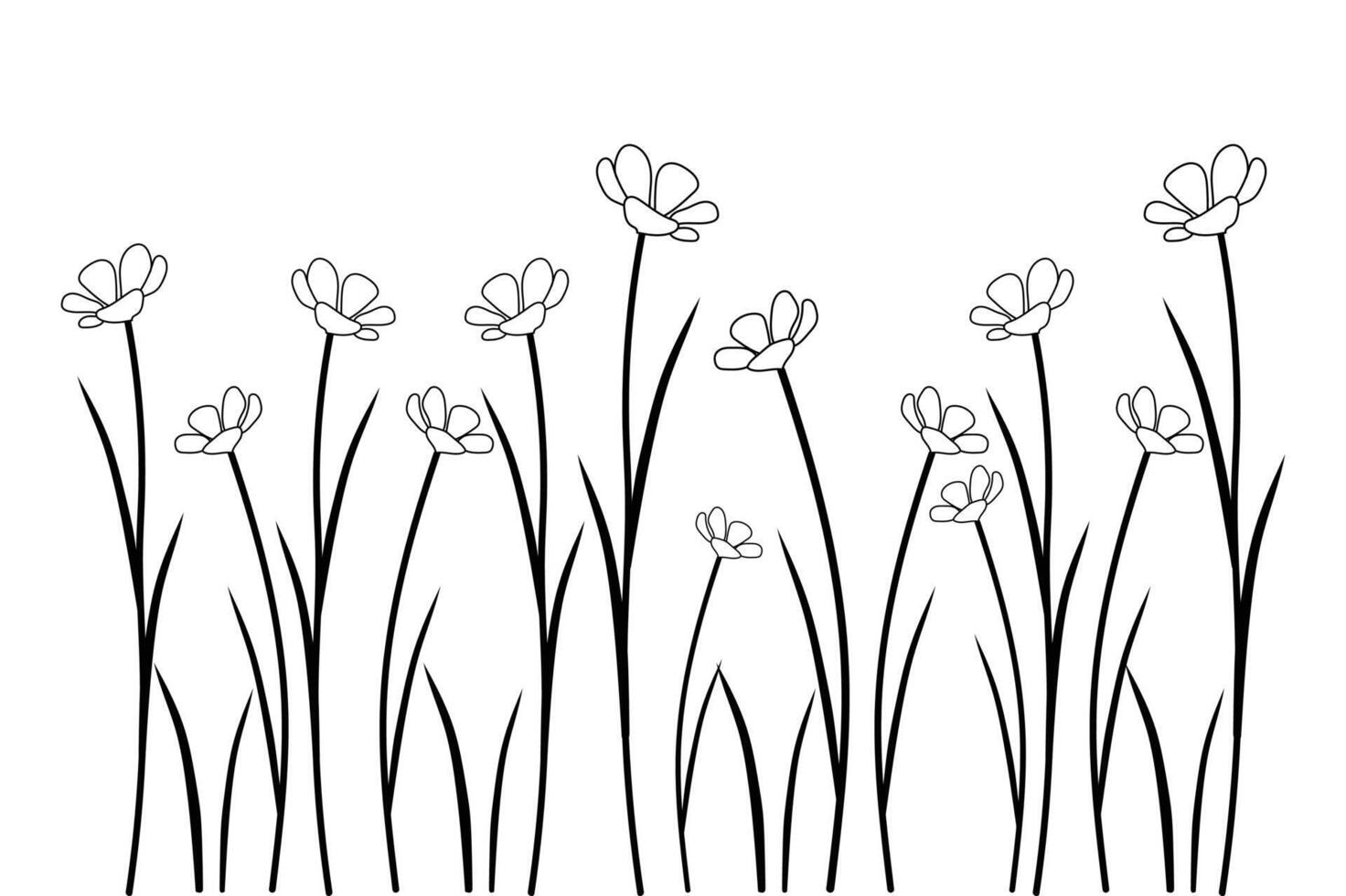 A beautiful outline illustration of a variety of flowers in a field coloring page vector