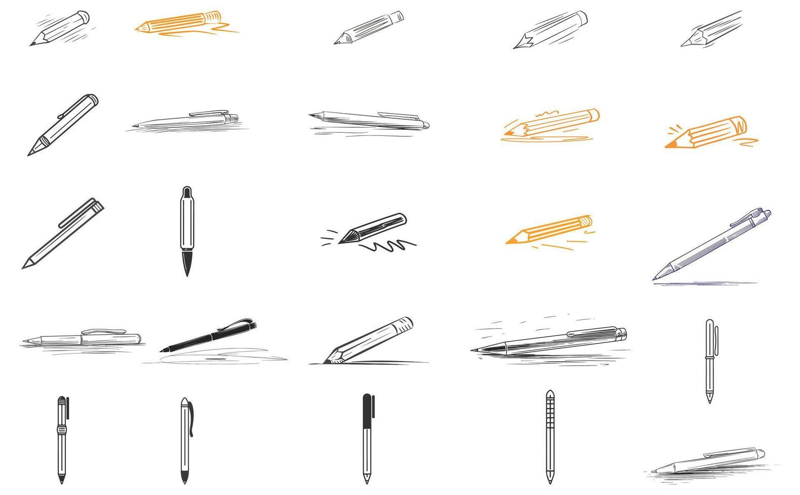 Assorted Sketch Pencil Pen Illustrations, Black Line Art, White Background vector