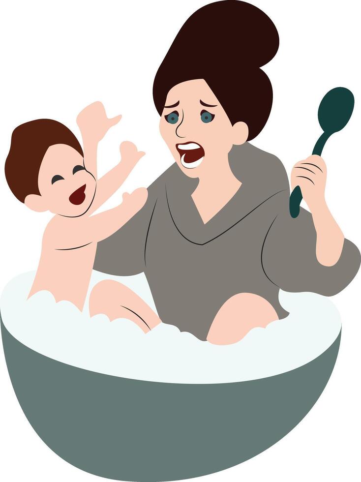 Mother day, Stressed Mom Bathing Playful Baby vector