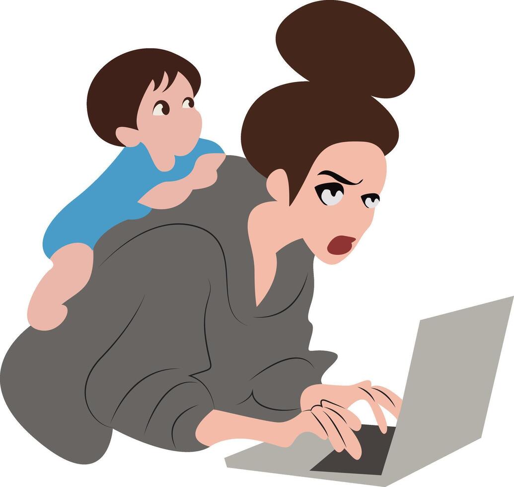 Mother day, Stressed Mom Working Laptop Toddler. vector