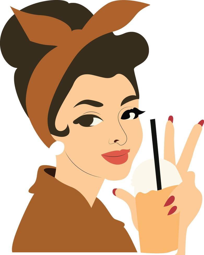 Retro Woman Enjoying Iced Coffee Drink, vintage illustration vector