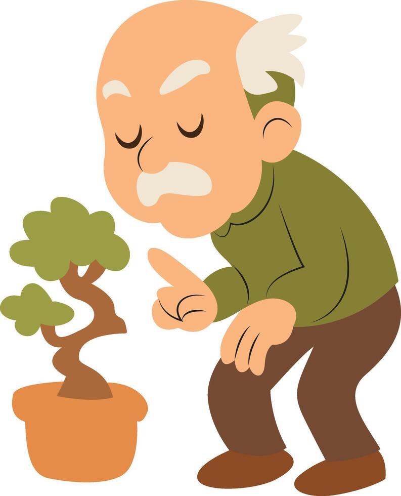 Elderly Man Inspecting Bonsai Plant vector
