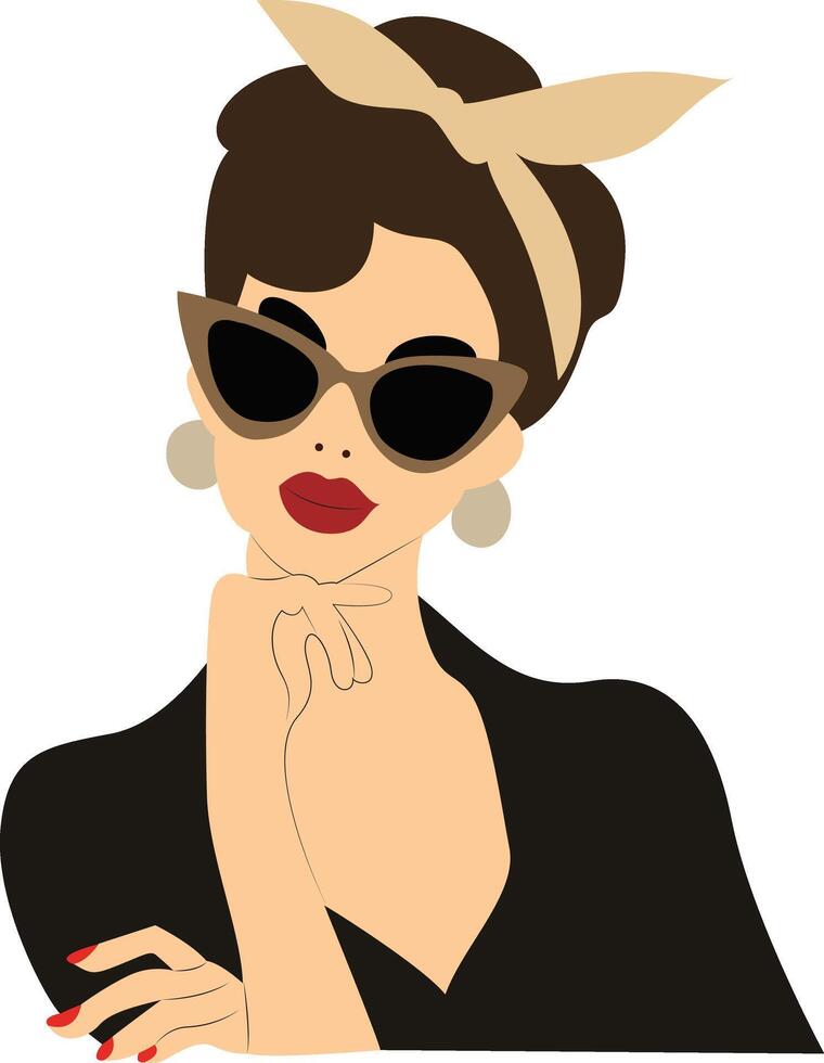 Retro Woman Sunglasses Stylish Portrait Art, vintage illustration vector