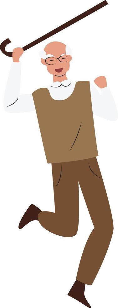 Joyful Elderly Man Jumping Cane vector