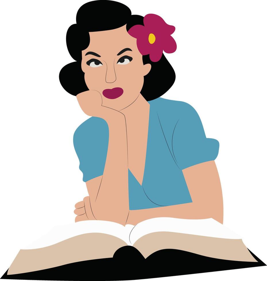 Retro Woman Reading Book Thoughtful Pose, vintage illustration vector