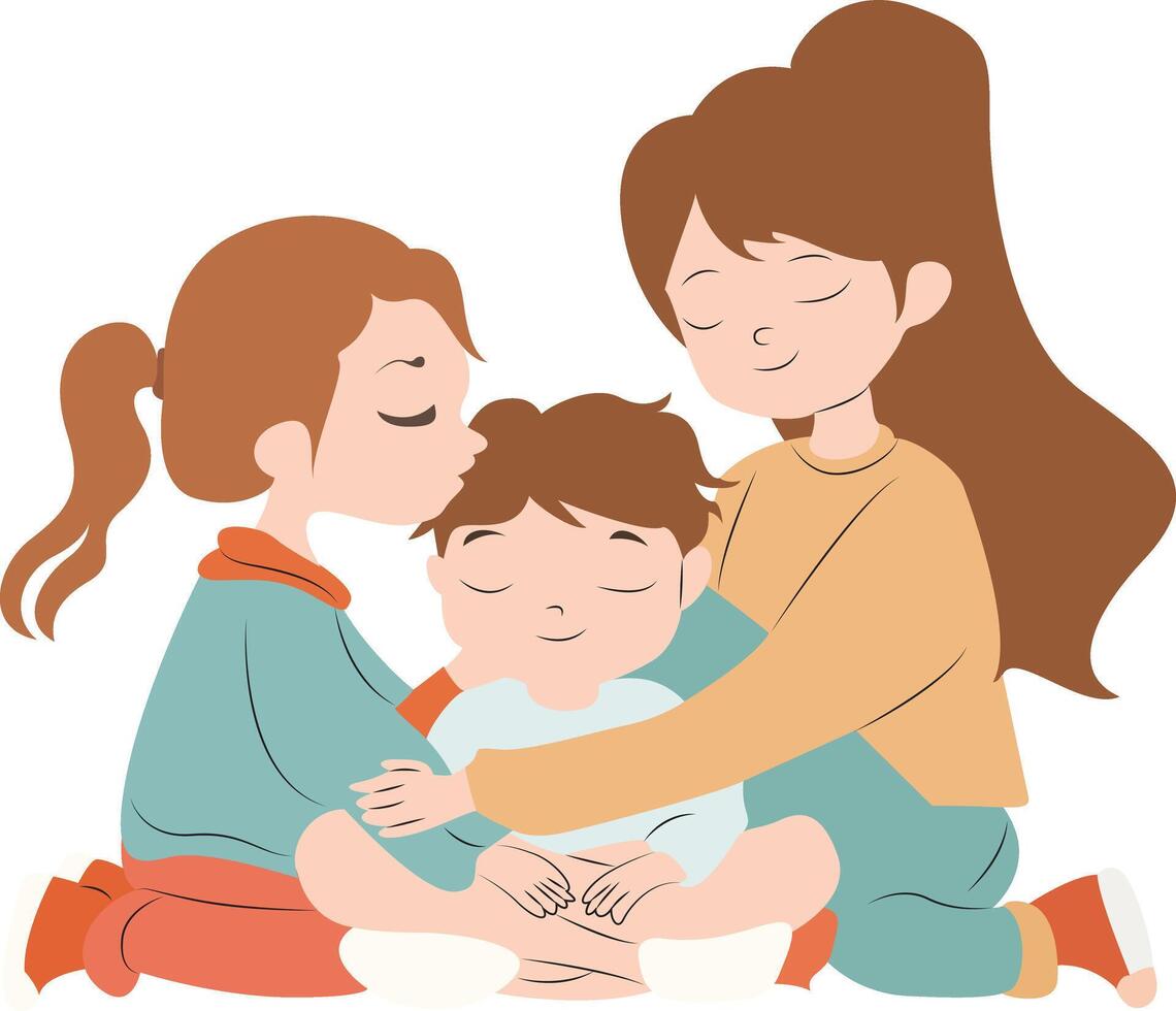 Mother day, Sisters Lovingly Embrace Young Brother vector
