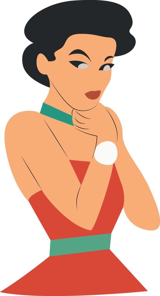 Retro Woman Red Dress Wristwatch Portrait, vintage illustration vector