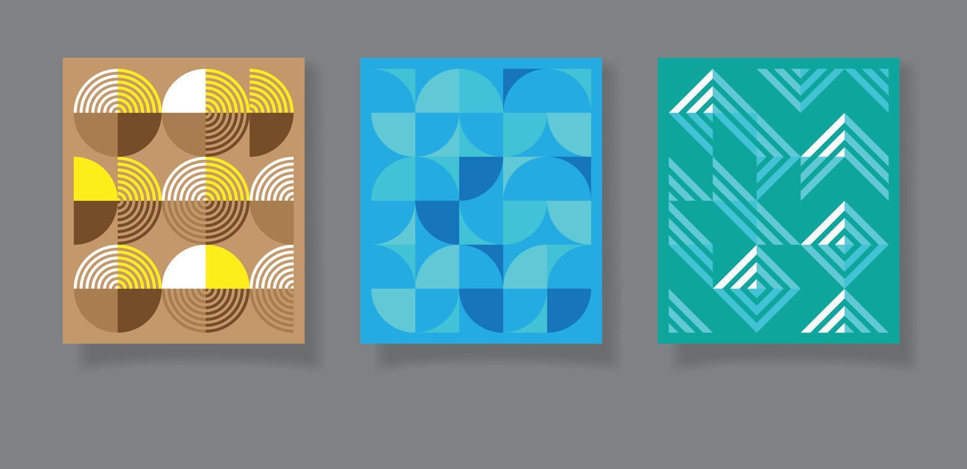 Abstract set of three creative bauhaus vintage geometric style cover template. Retro art covers vector