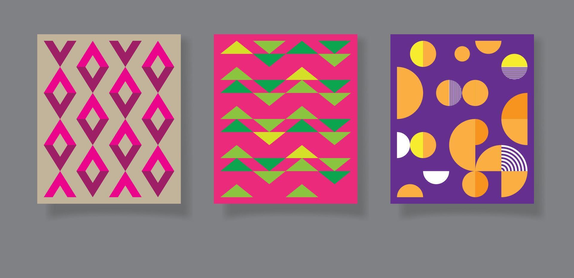Abstract bauhaus geometric design pattern, three backgrounds, minimalist geometric designs with simple shapes vector