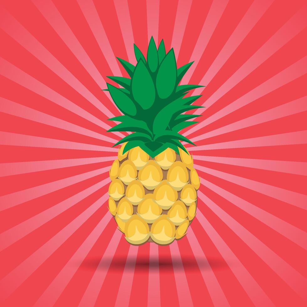 Colourful pineapple fruit on red and pink gradient sunburst background, abstract background. vector