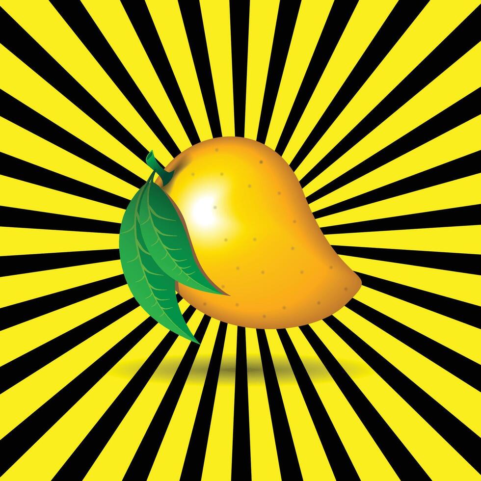 Mango fruit on yellow and black sunburst background, seamless background vector