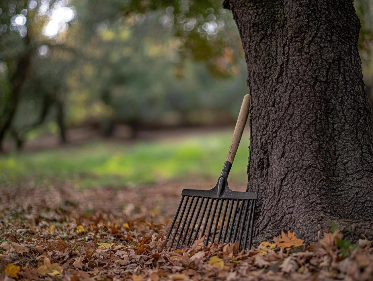 Leafy Pile with Rake beside Oak photo