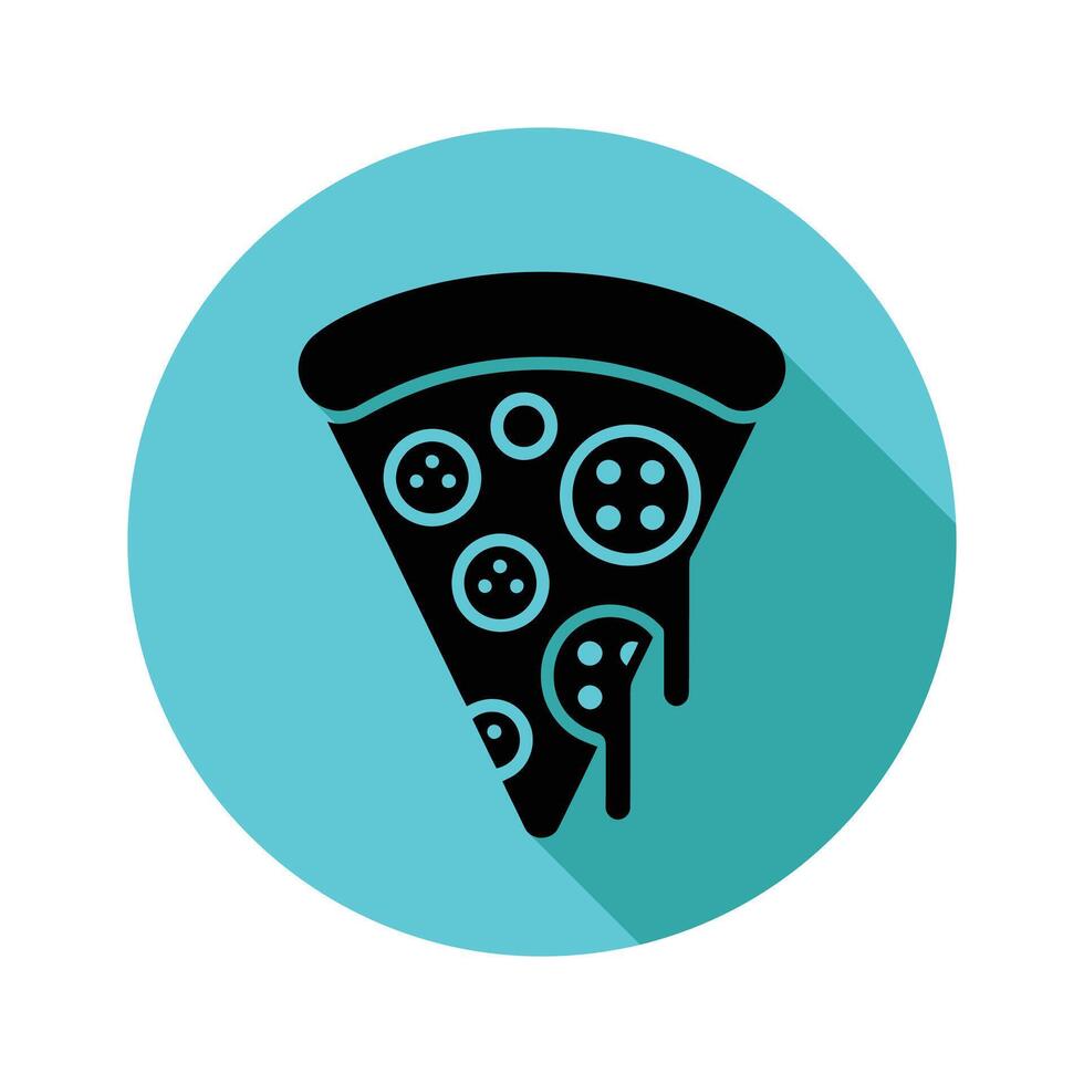 Pizza slice icon with pepperoni in black color on a cyan circle background vector