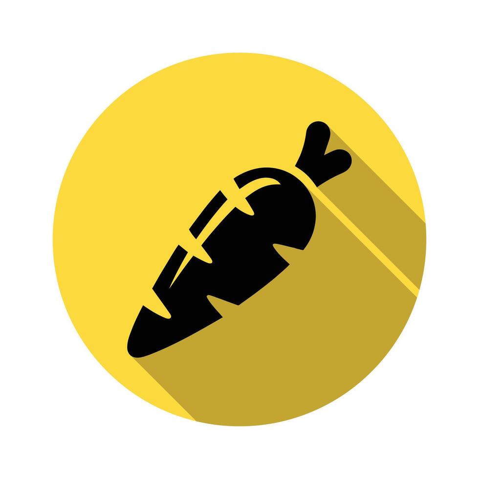 Carrot Icon in Black Silhouette on Yellow Circle with Long Shadow Effect vector