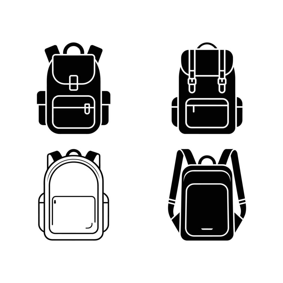 Backpack Silhouette Collection, Rucksack with Straps, Knapsacks Isolated on White vector