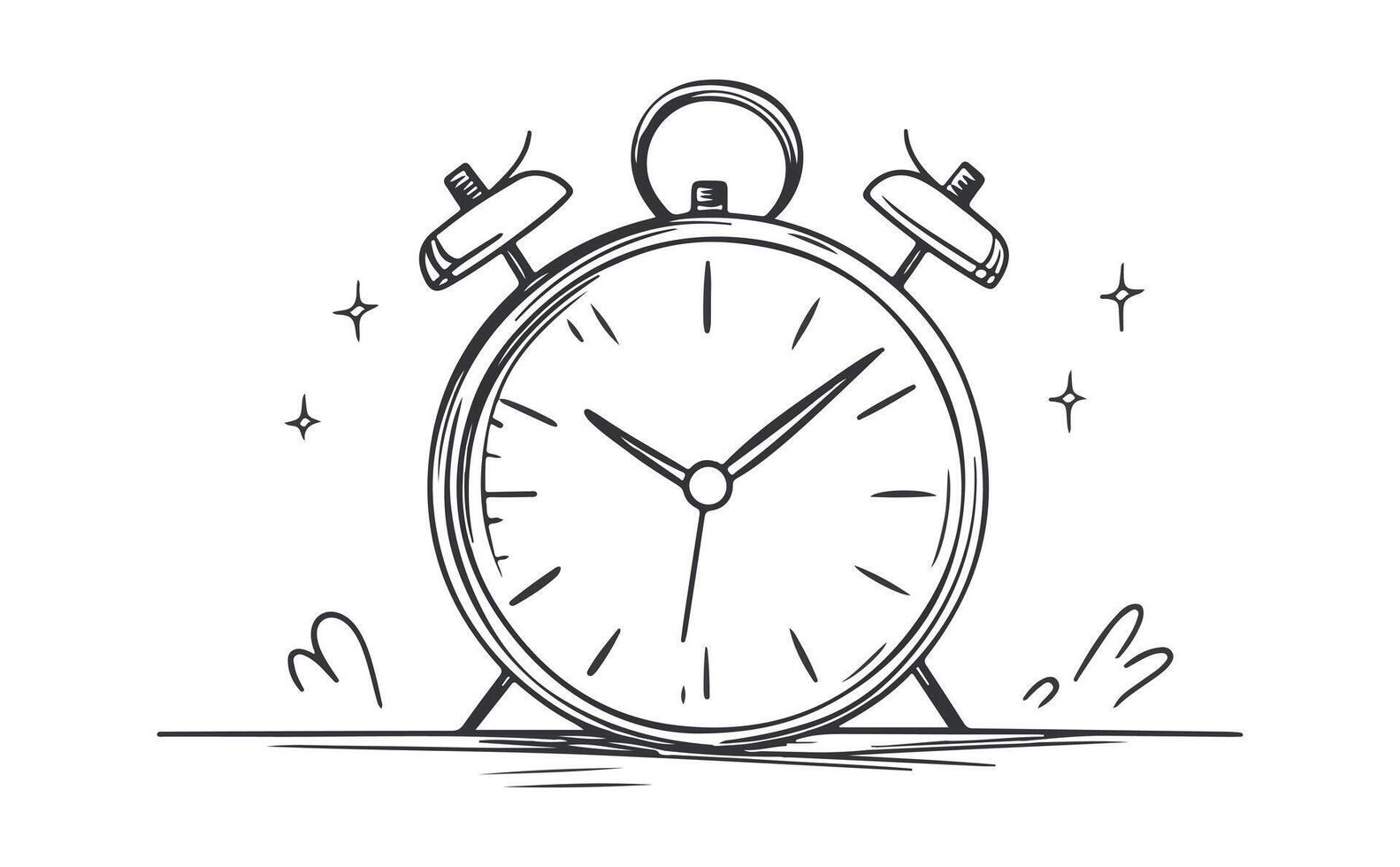 Sketch Style Alarm Clock Ringing with Time Hands and Stars on White Background vector