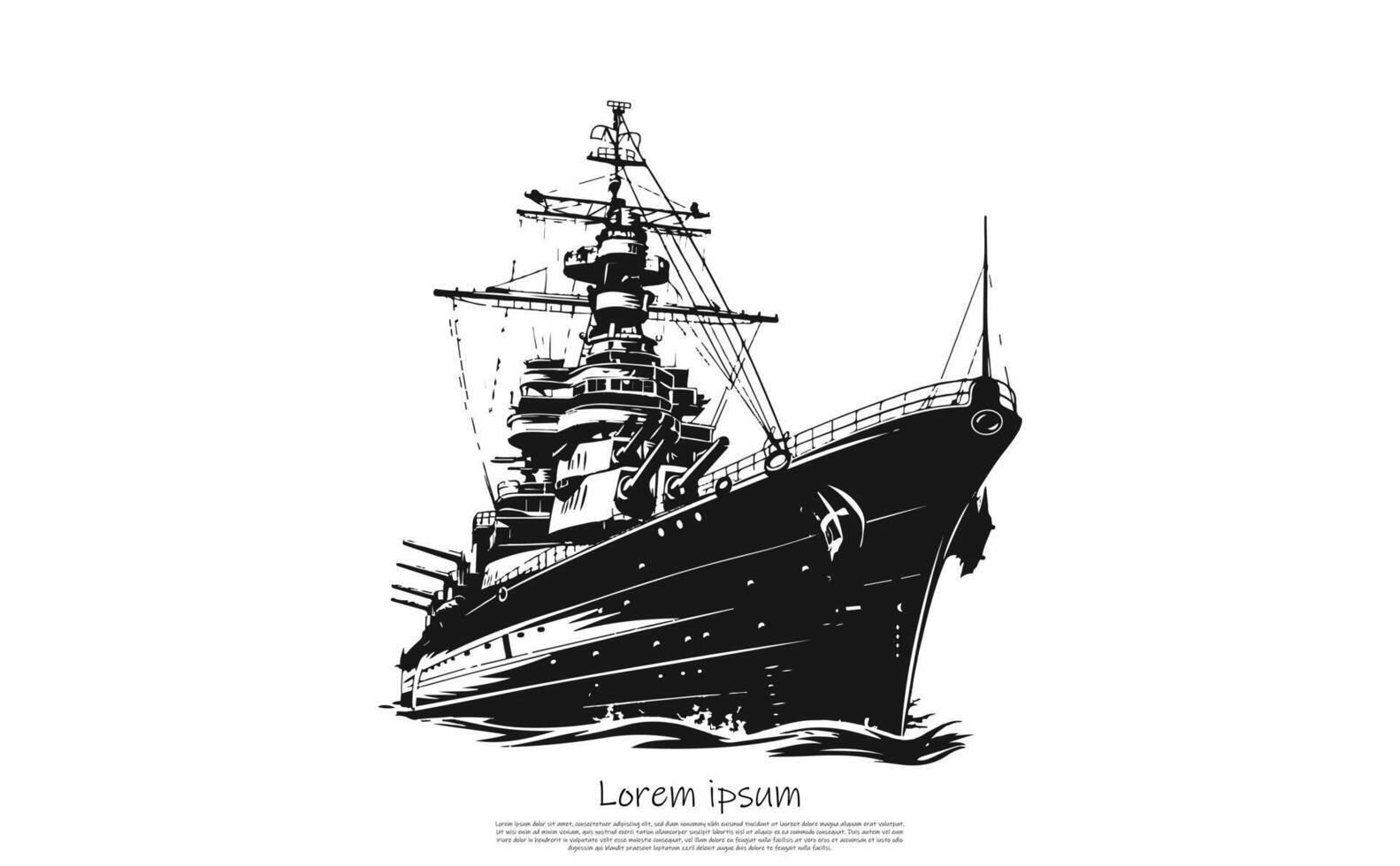 Detailed Silhouette of a Warship on Water with Cannons on White Background vector