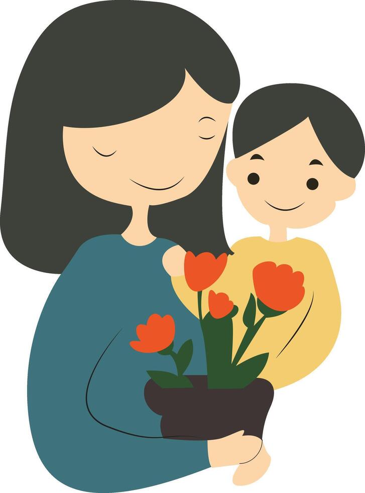 Mother day, Mother Child Flowers Potted Plant Illustration vector