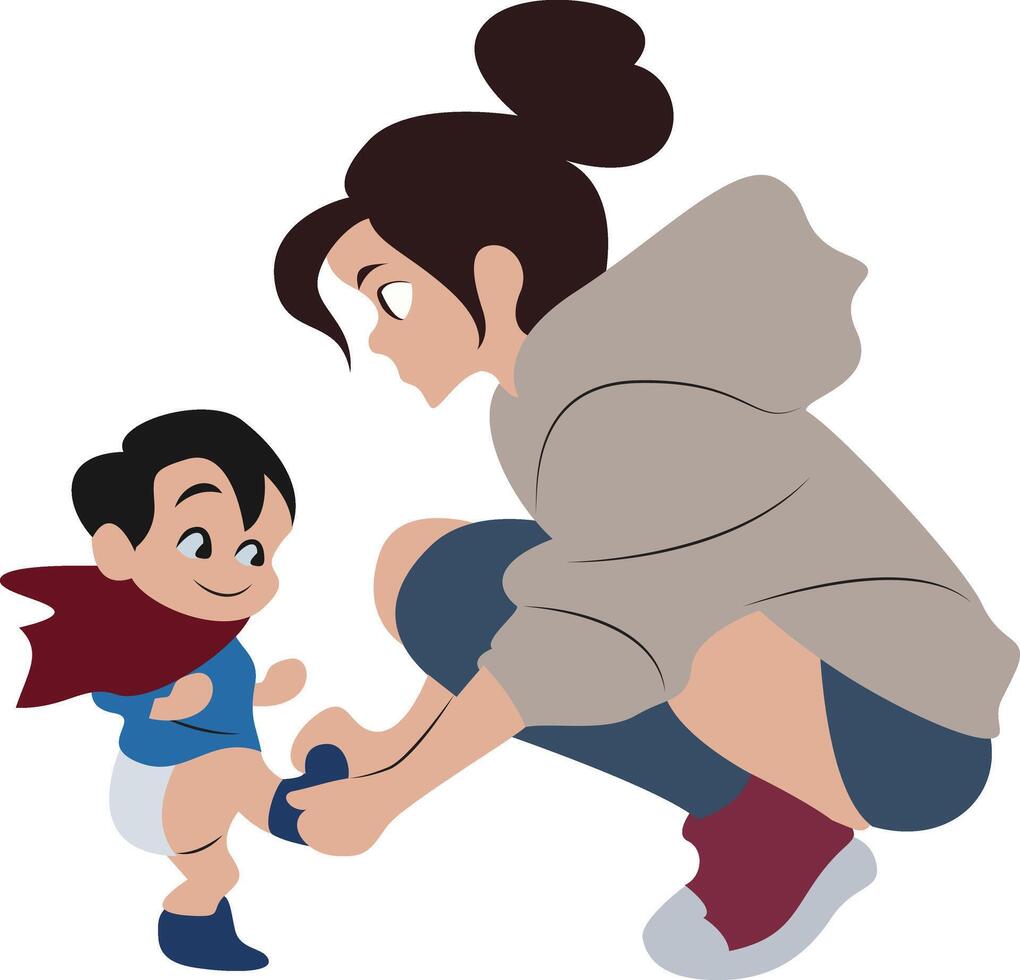 Mother day, Woman Helping Toddler Put On Socks vector