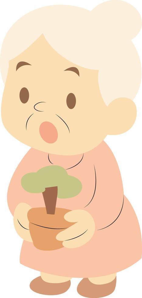 Elderly Woman Holding Small Sapling vector