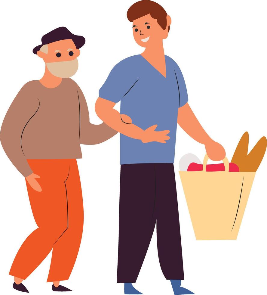 Young Man Assisting Elderly Grocery Shopping vector