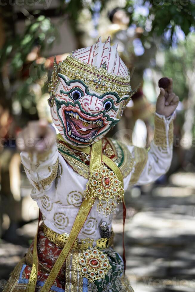 Khon is a rare Thai cultural performance. The image shows the head of a white monkey looking at photo