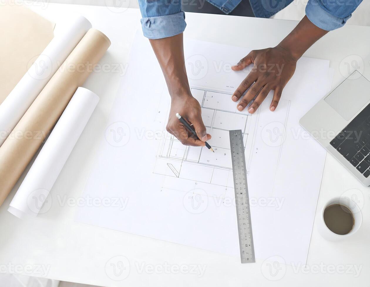 Top View of Person Marking Construction Blueprint photo