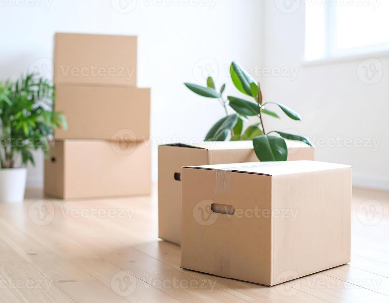 Empty Room Filled with Cardboard Moving Boxes photo