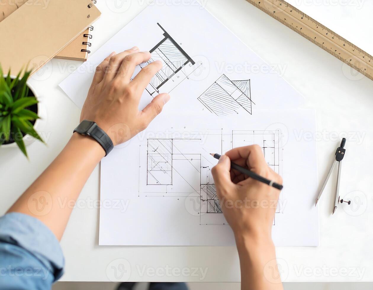 Architect Hands Editing Blueprint on Desk photo
