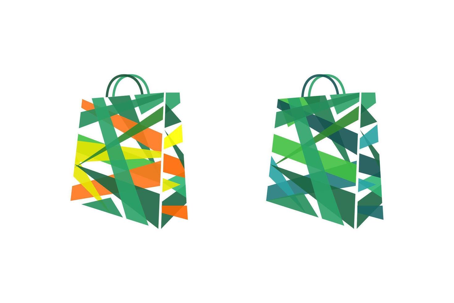 Shopping icon creative concept. Bright lettering Lets Go Shopping. Handbag shape with geometric colorful texture mask. Shopping bag logo idea. Isolated abstract graphic design template vector