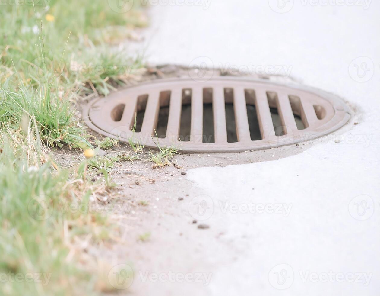 Close-Up of Drainage Grate on the Side of the Road photo