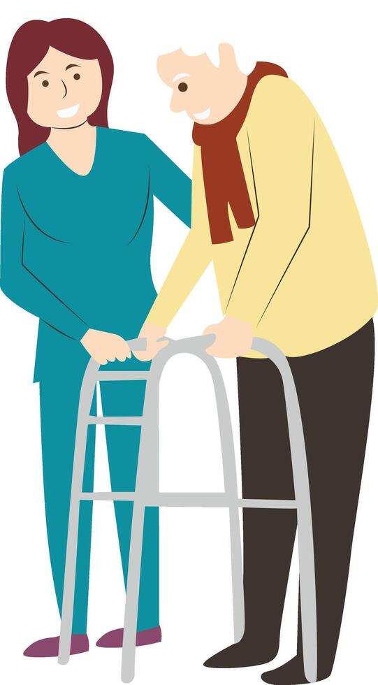 Elderly Caregiver Assisting Walker Use vector
