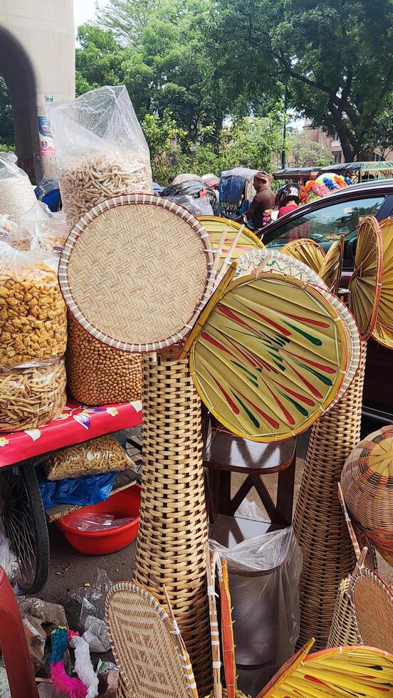 a market with baskets and other items for sale photo