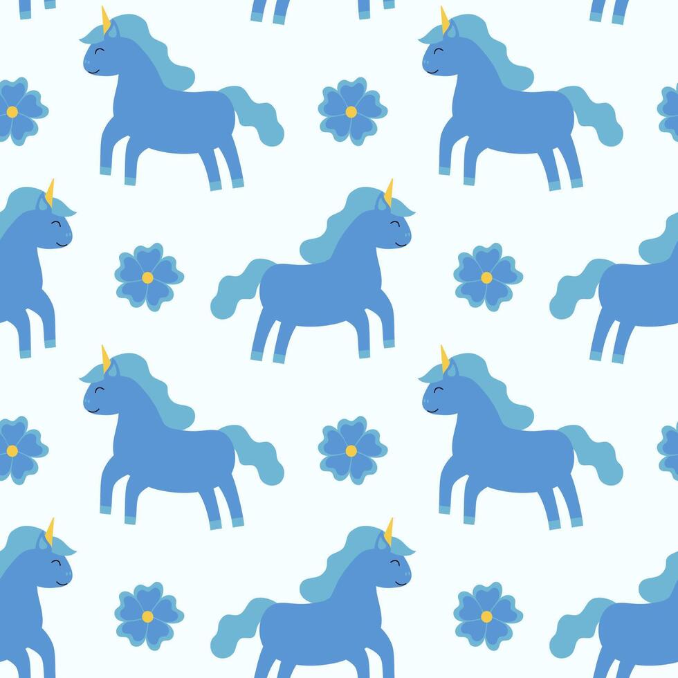 Seamless Pattern. Blue Unicorn with flower. Children Flat Illustration. vector