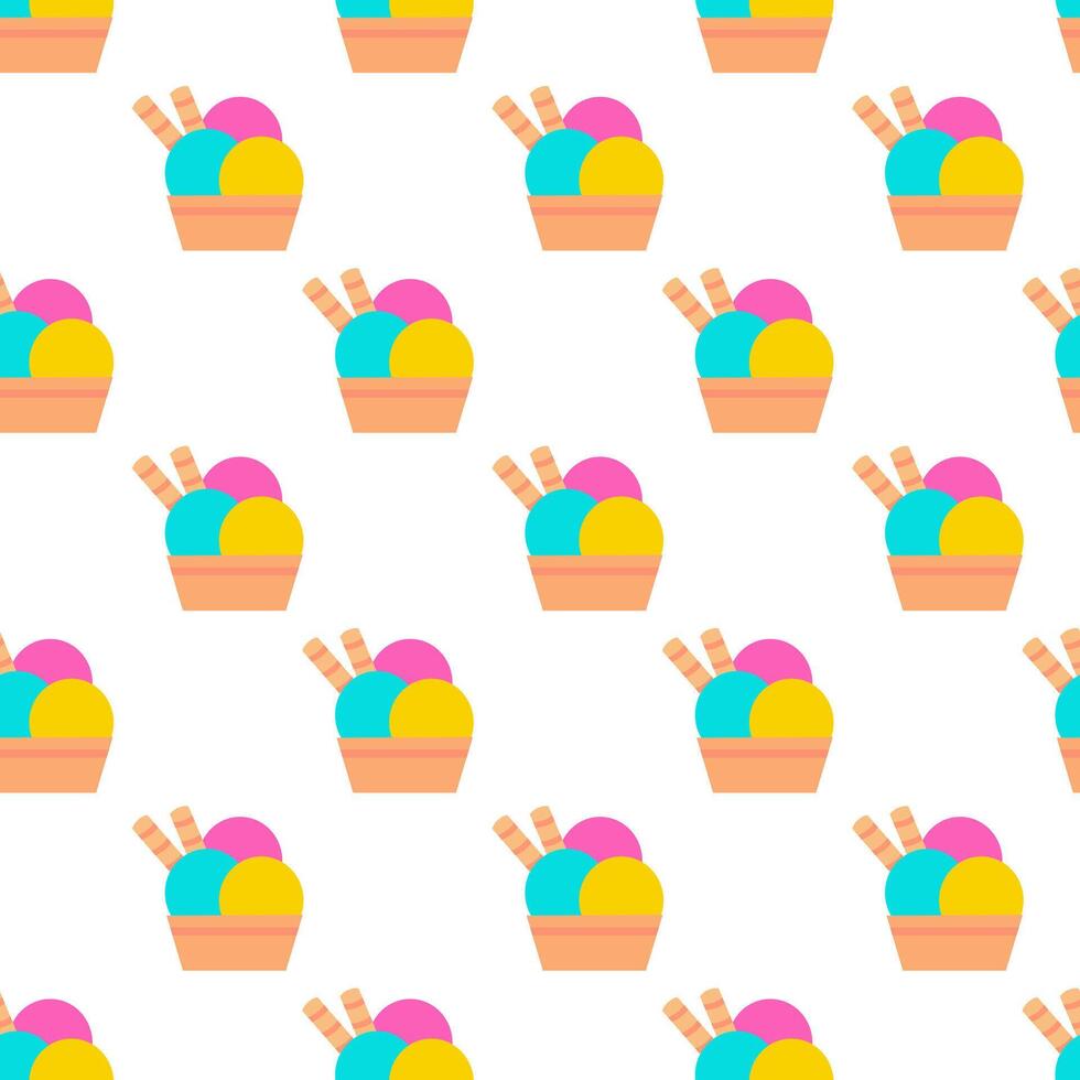 Seamless Pattern. Three balls Ice cream in cup with waffle tubes. Sweet food. flat illustration. vector
