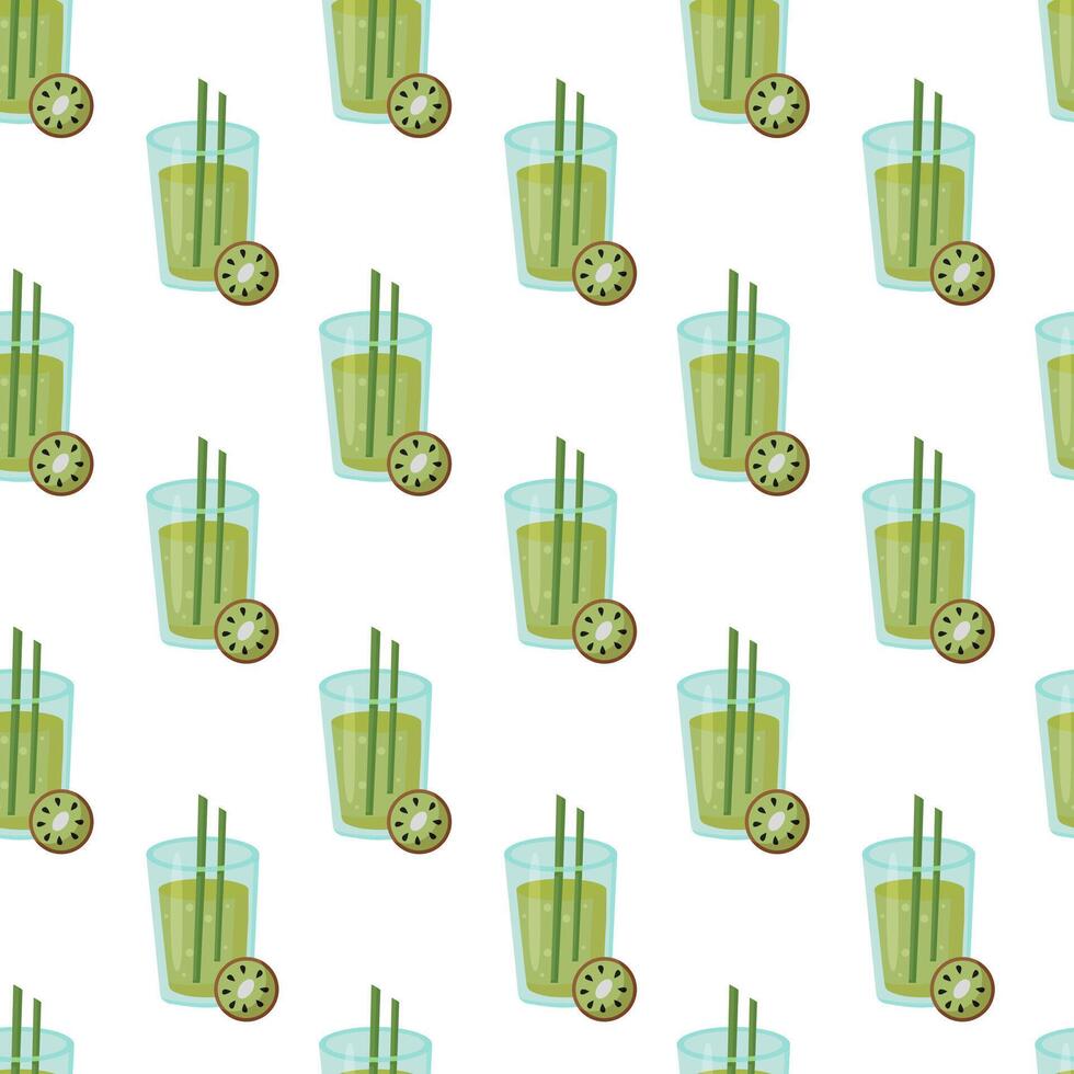 Seamless Pattern with Fruit Kiwi cocktail in glass with straw. Fresh summer drink. illustration. vector