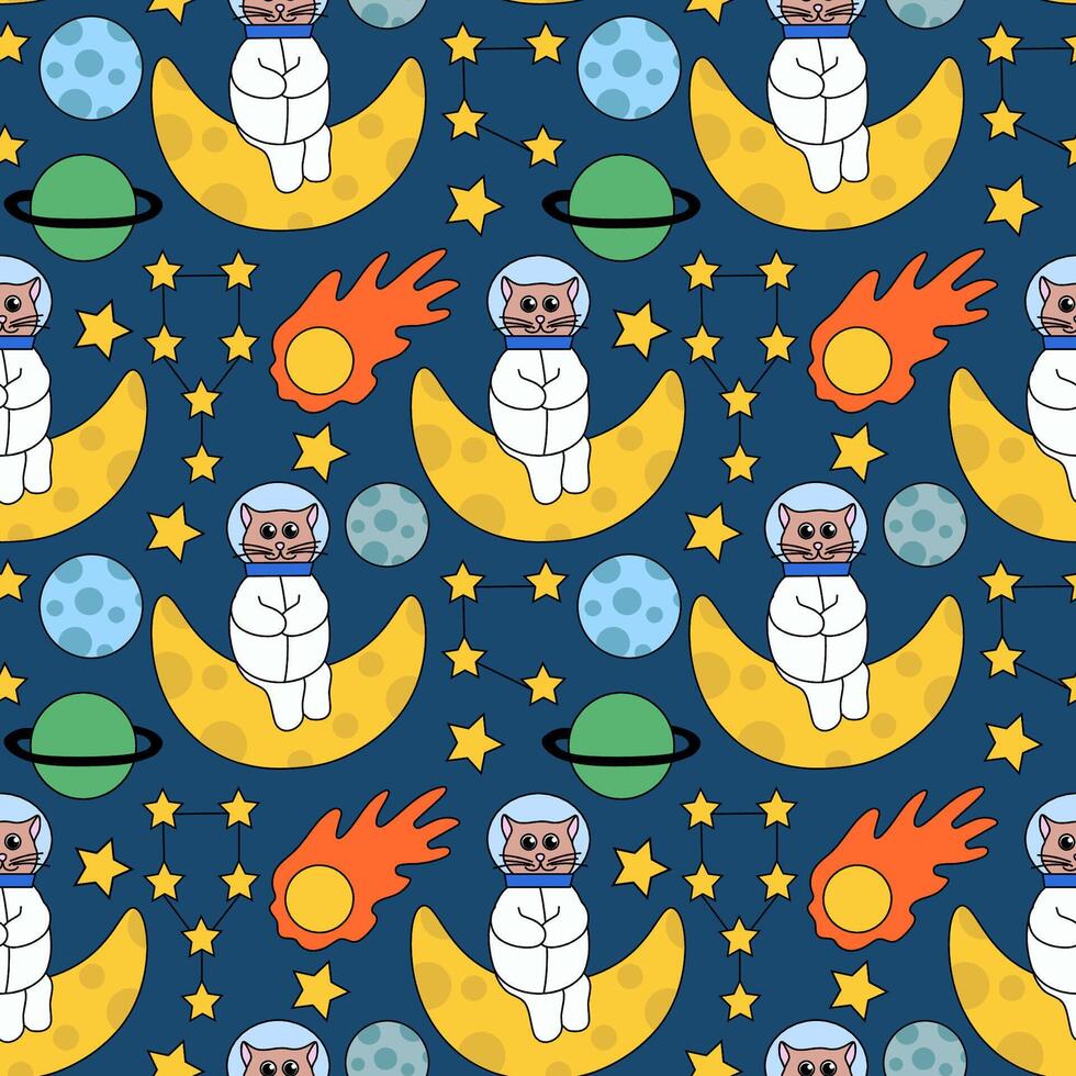 Seamless Pattern with cute Cat astronaut in space sit on moon. Stars, Constellation, Comet, Planet. Flat Illustration. vector