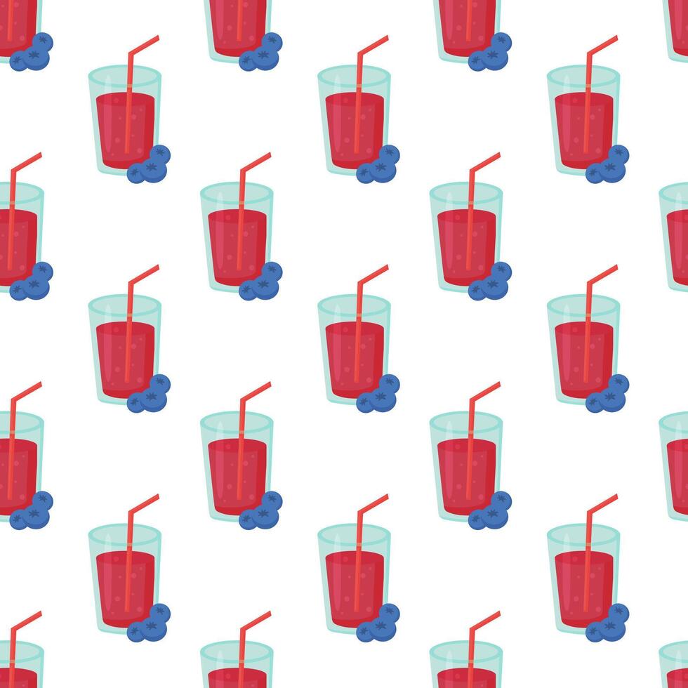 Seamless Pattern with Blueberry cocktail in glass with straw. Fresh summer drink. illustration. vector