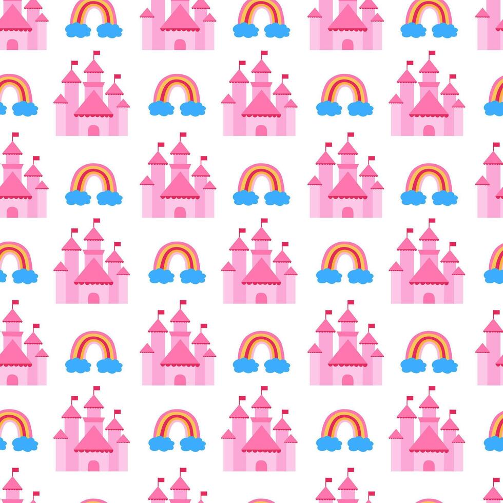 Pink Princess Castle Seamless Pattern with rainbow. flat illustration. vector